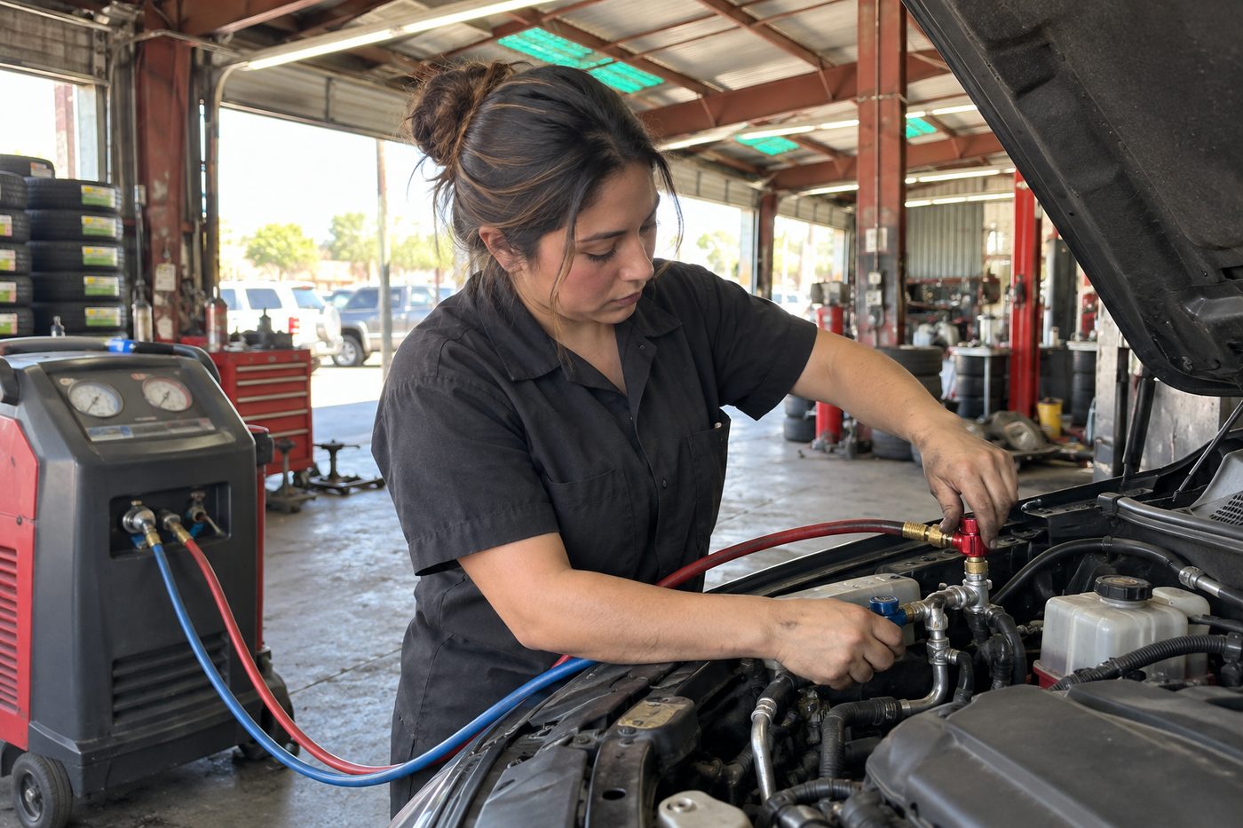 A technician connecting an A/C recharge machine to a car
