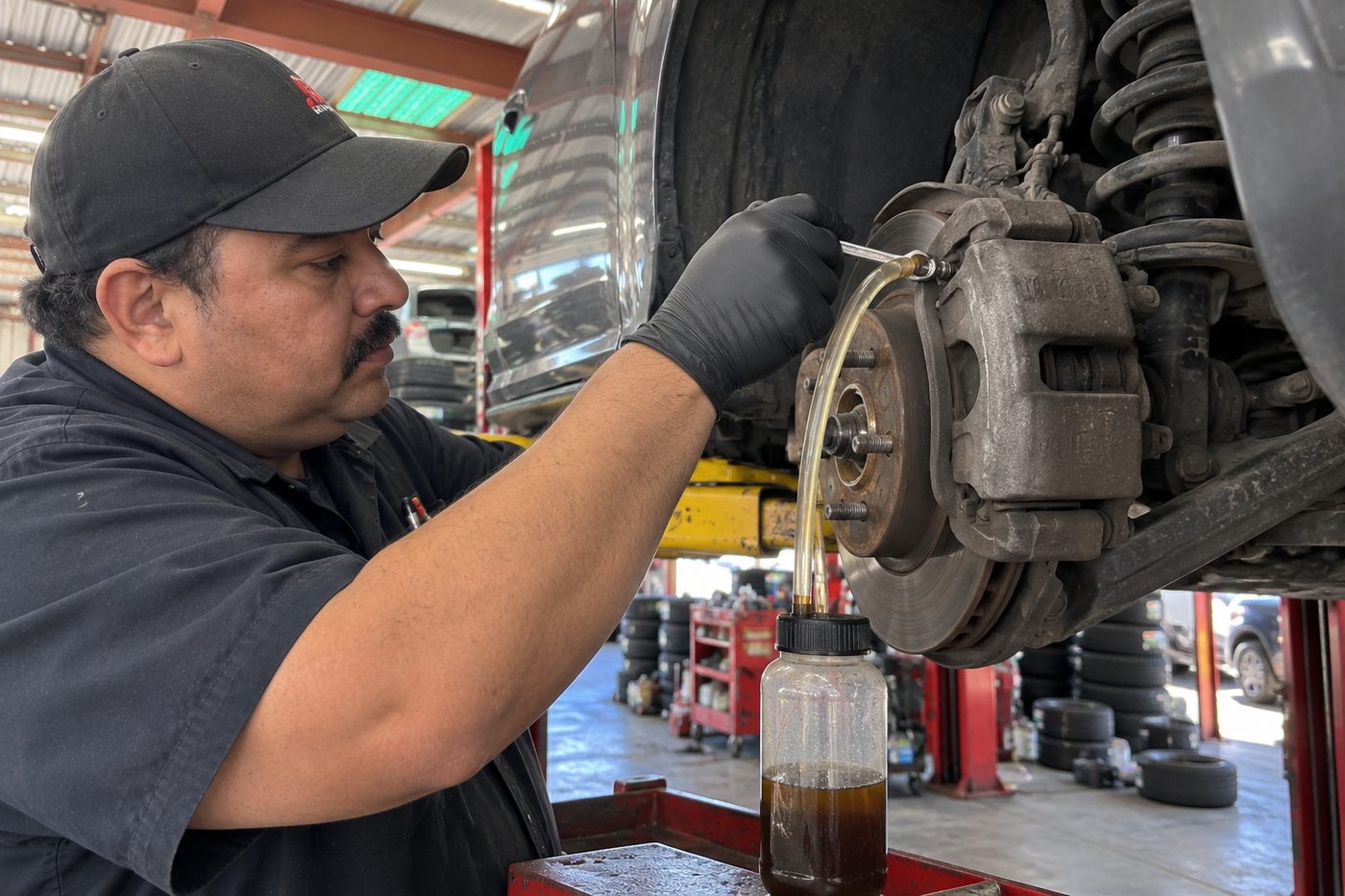 A technician bleeding old brake fluid from a caliper into a bottle
