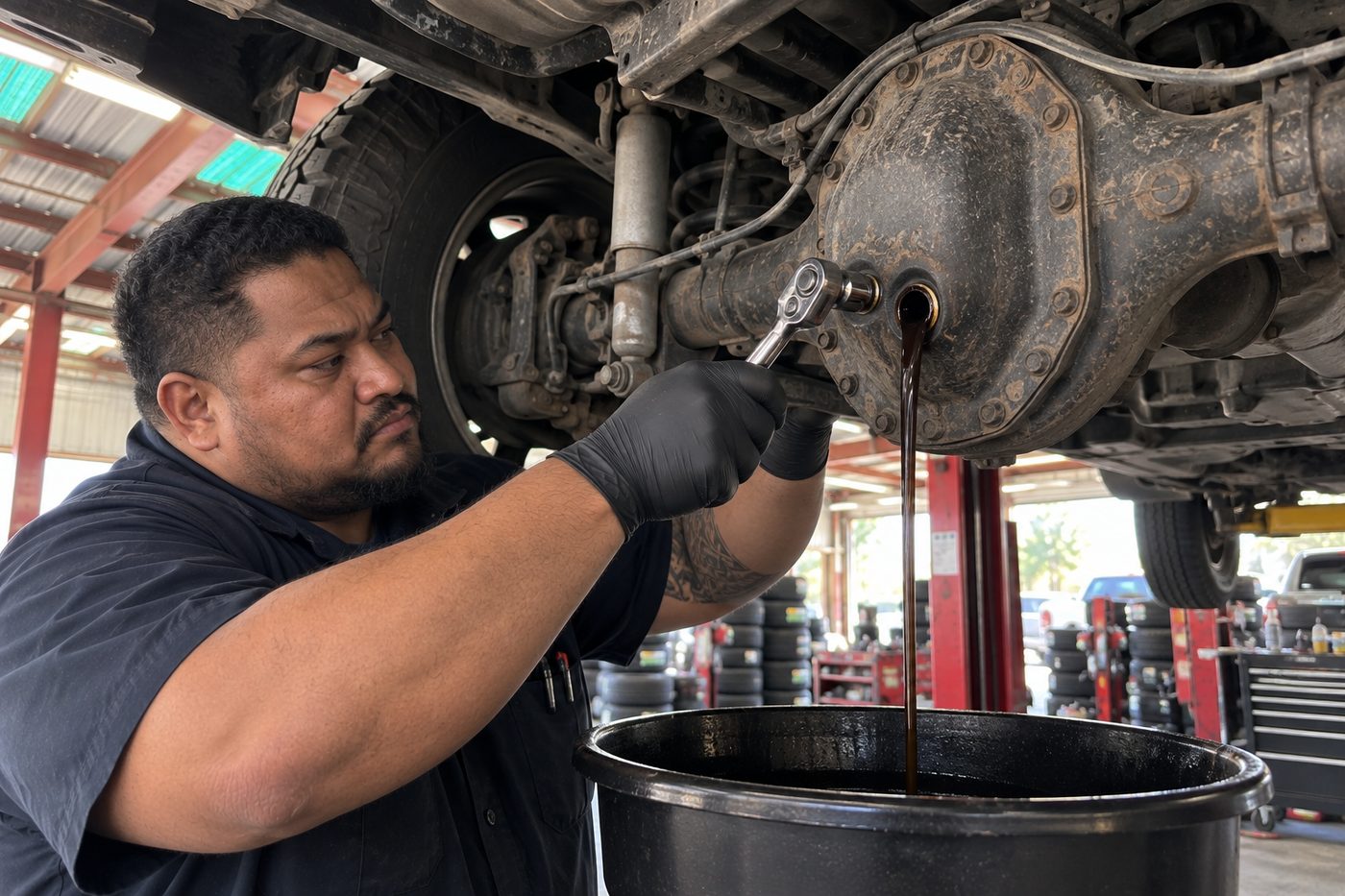 Gear oil draining from the rear differential of a truck on a lift