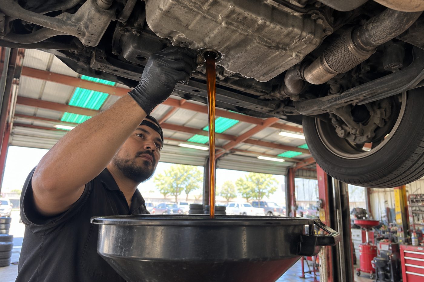 Oil draining into a pan from under a car on a lift