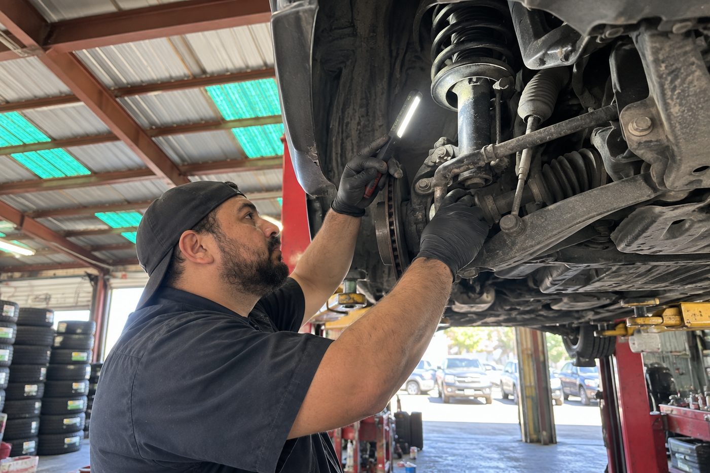 A technician checking a strut and control arm from under a car on a lift