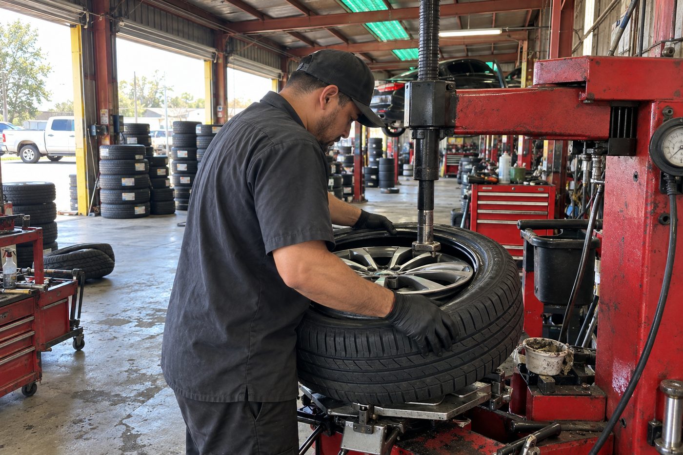 A technician mounting a new tire on a tire changer
