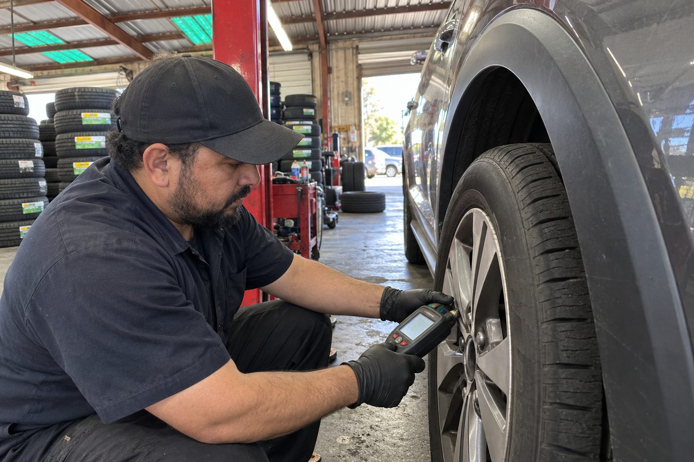 A technician holding a TPMS tool against a tire valve stem