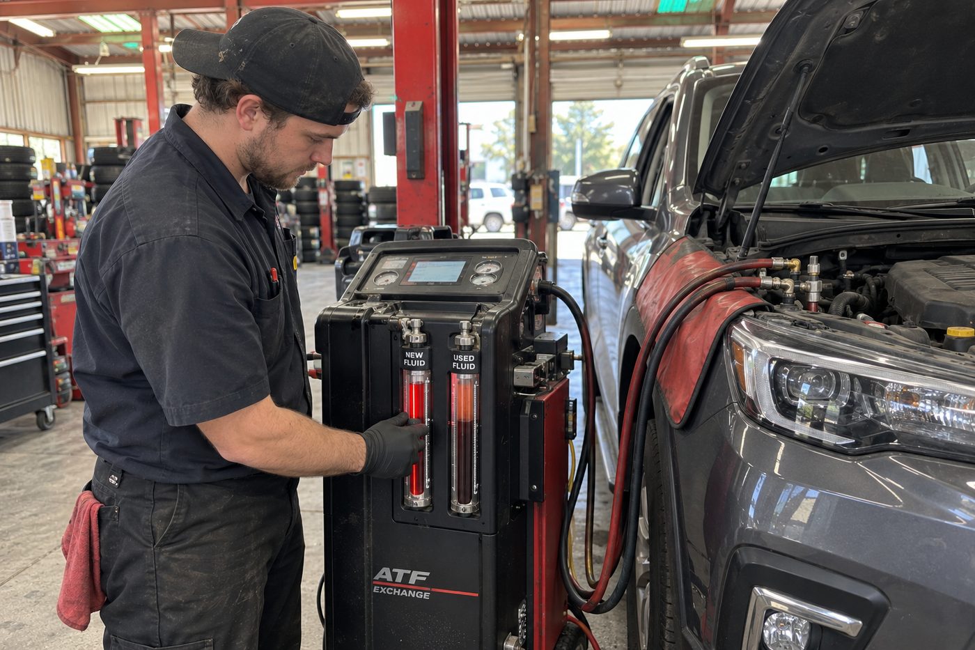 A transmission fluid exchange machine connected to an SUV