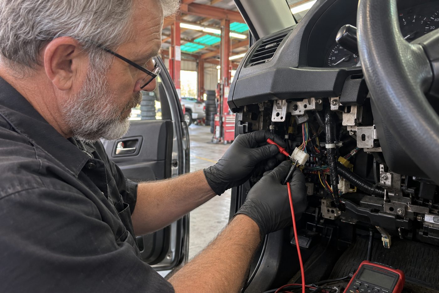 A technician wiring under a car dashboard with a multimeter